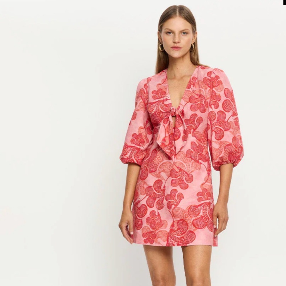 Kivari Pink & Red Floral Tie-Front Puff Sleeve Mini Dress